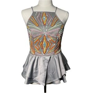 BEBE Beaded Satin Top Peplum Gray Satin Y2K Sleeveless Camisole Size S Halter